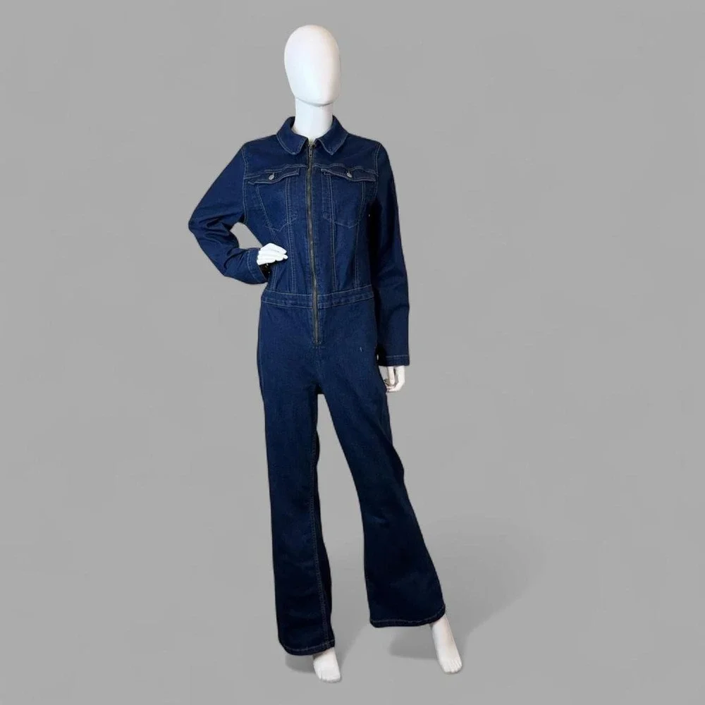 ASOS DESIGN long-sleeve 70s-style flared denim jumpsuit Stretch Plus Size 14